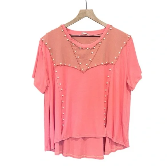 POL Oversize Pearl Embellished Ribbed Top Size Small Watermelon Pink - Picture 4 of 12
